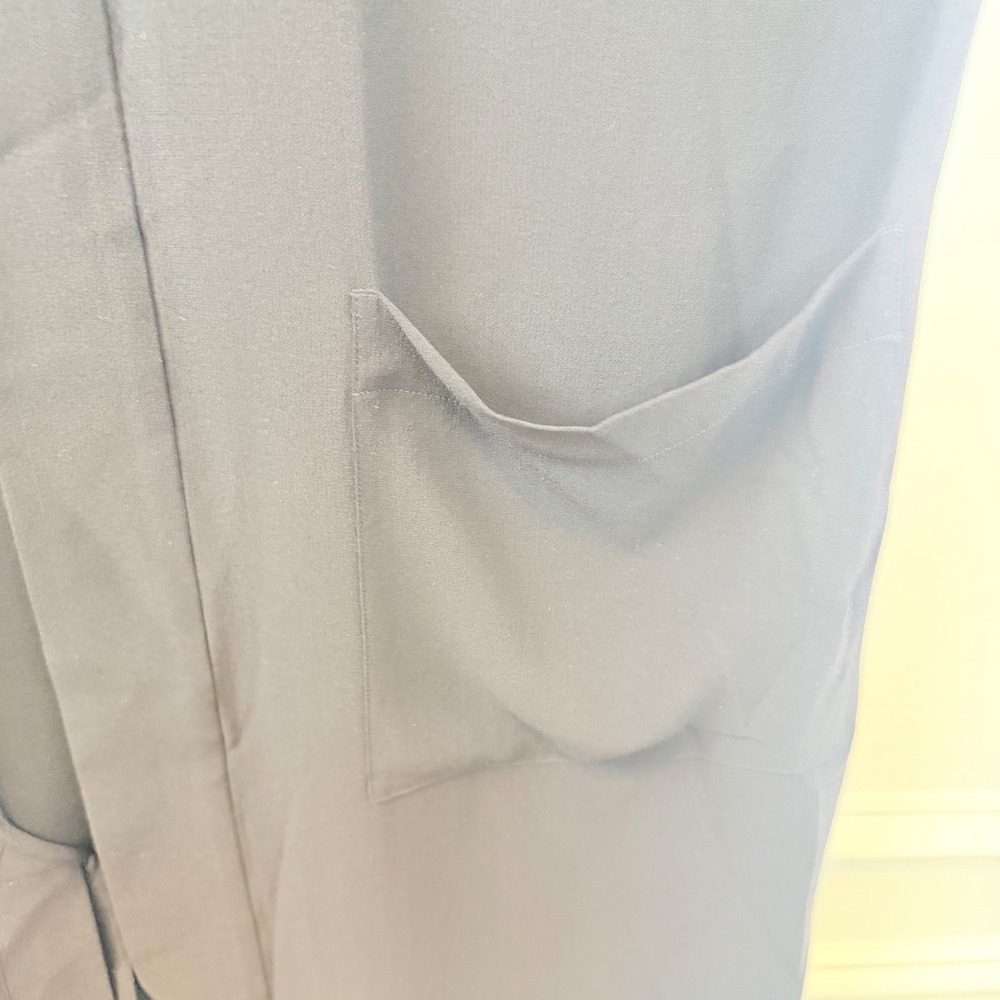 Eileen Fisher Silk Georgette Long Duster Cardigan Black Open Front Pockets L - Picture 6 of 11